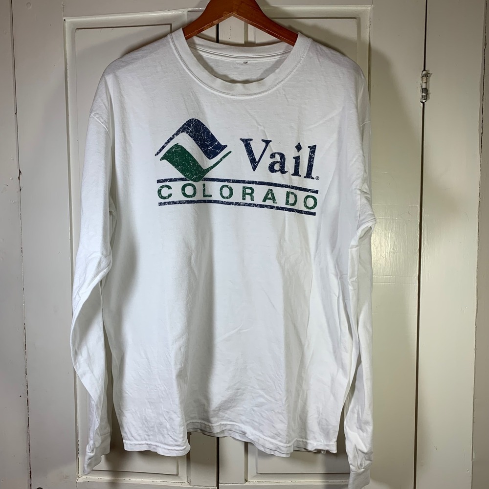 Vail Colorado Long Sleeve Graphic‎ T-Shirt Mens White Distressed Ski Souvenir L
